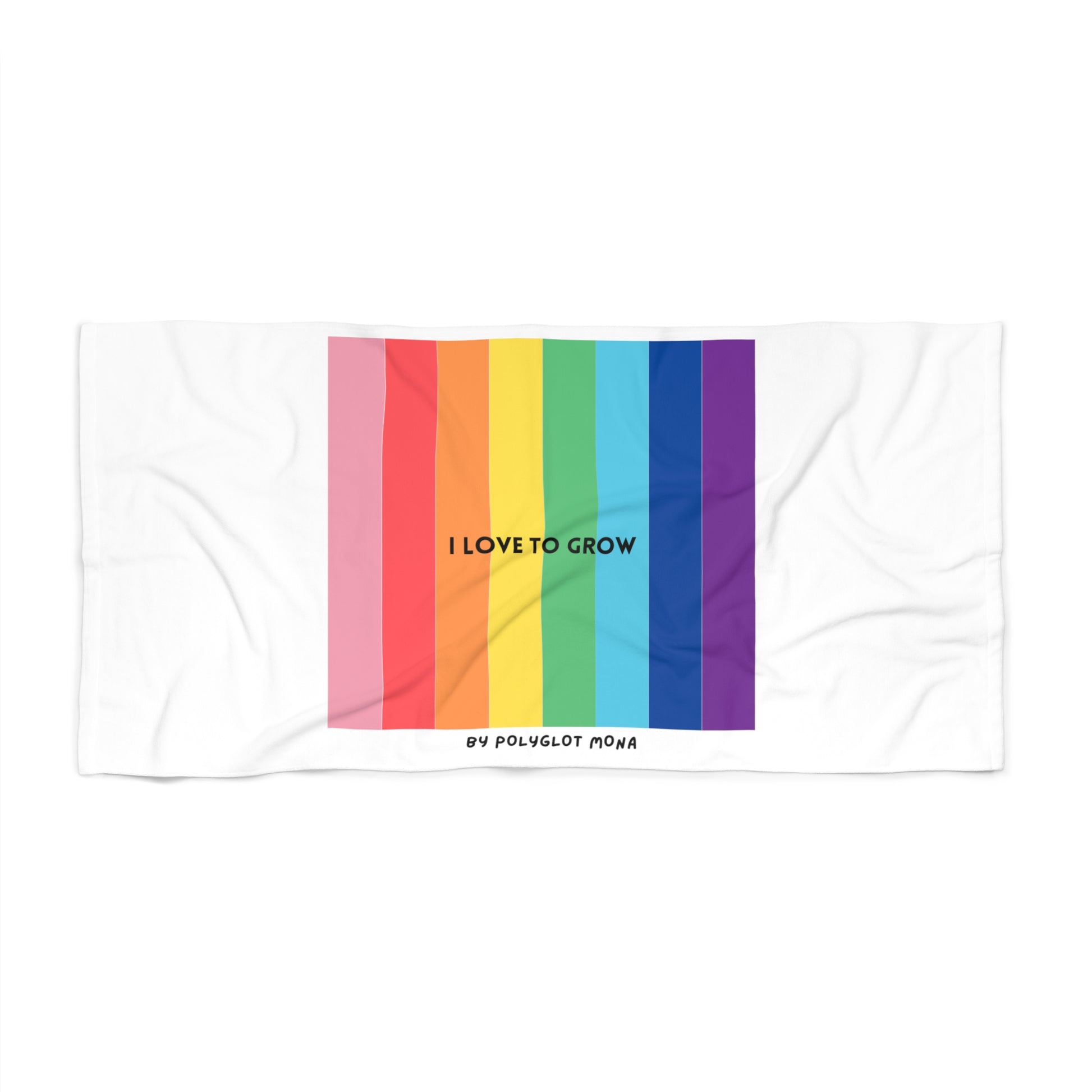 Beach Towel "I Love to Grow" by Polyglot Mona with Rainbow Design