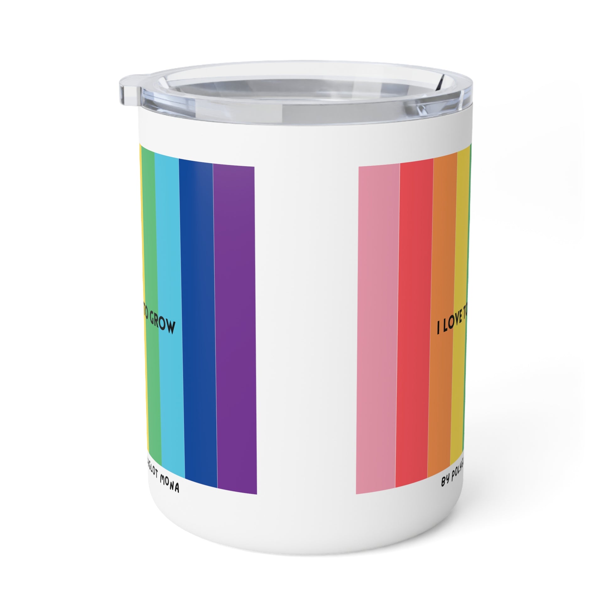 Insulated Coffee Mug "I love to grow" by Polyglot Mona with Rainbow Design